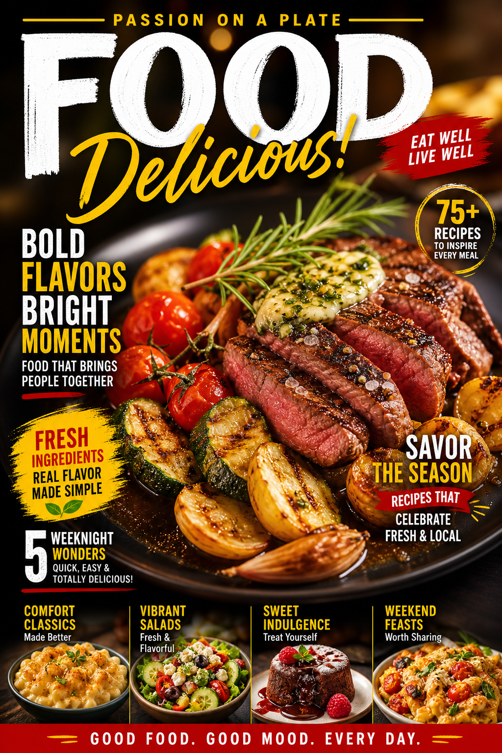 Food Poster — vibrant style magazine cover, featuring gourmet dish photography, fresh ingredients, warm appetizing tones