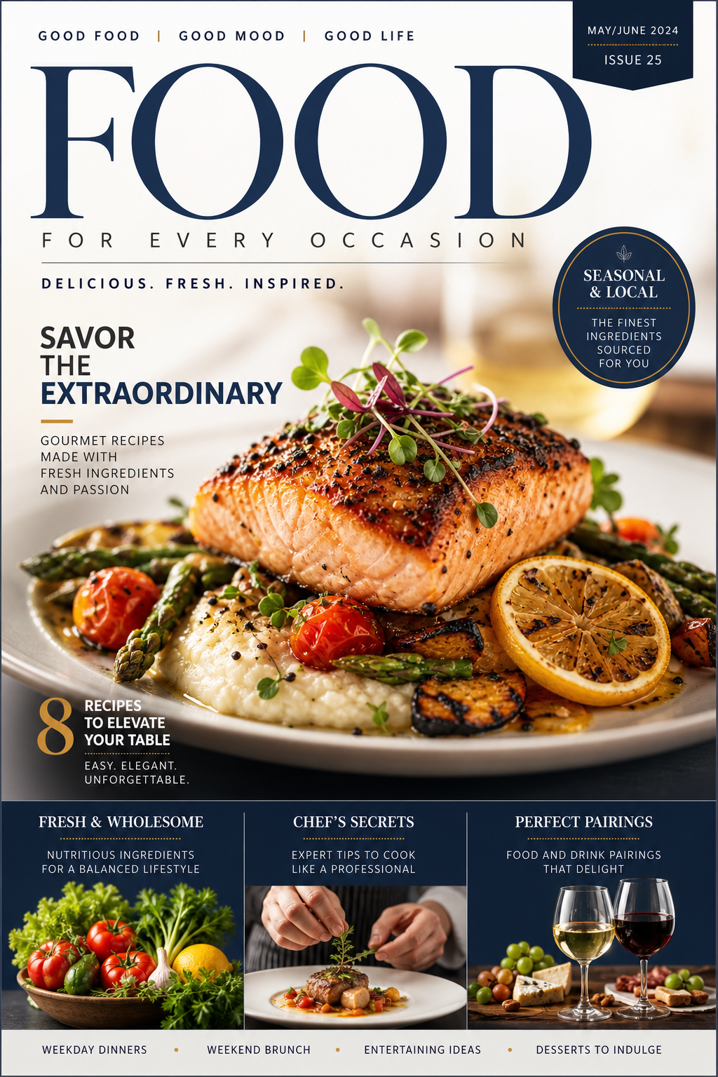 Food Poster — corporate style magazine cover, featuring gourmet dish photography, fresh ingredients, warm appetizing tones