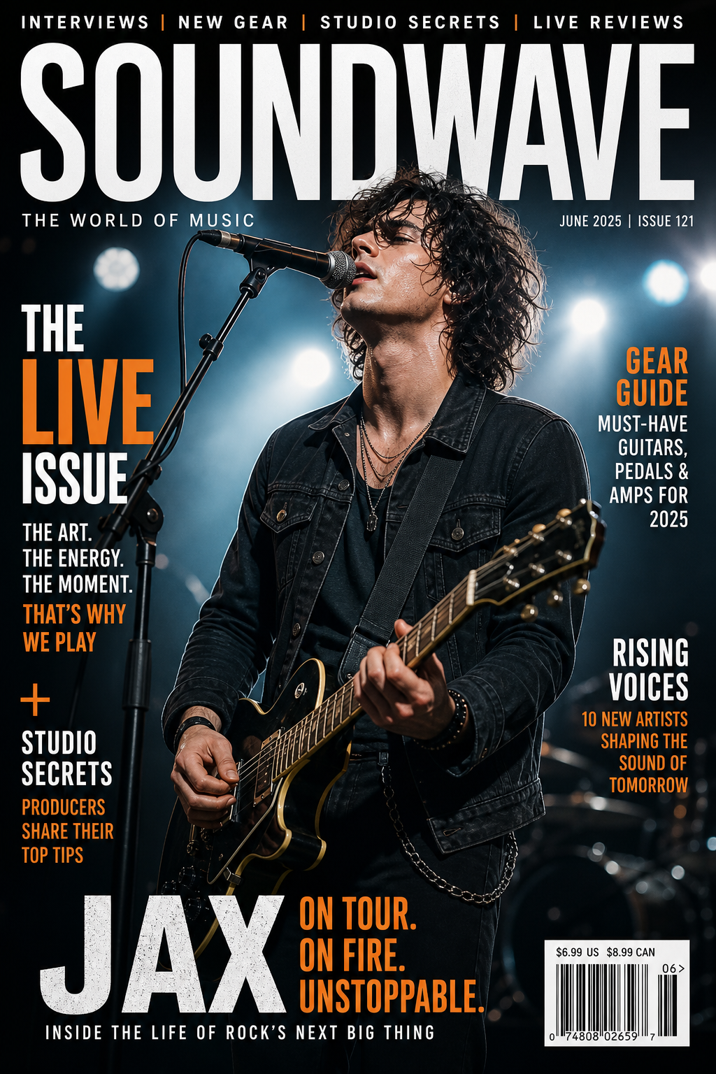 Music Magazine Cover — photo-realistic style magazine cover, featuring musical notes, instruments, sound waves, performance imagery