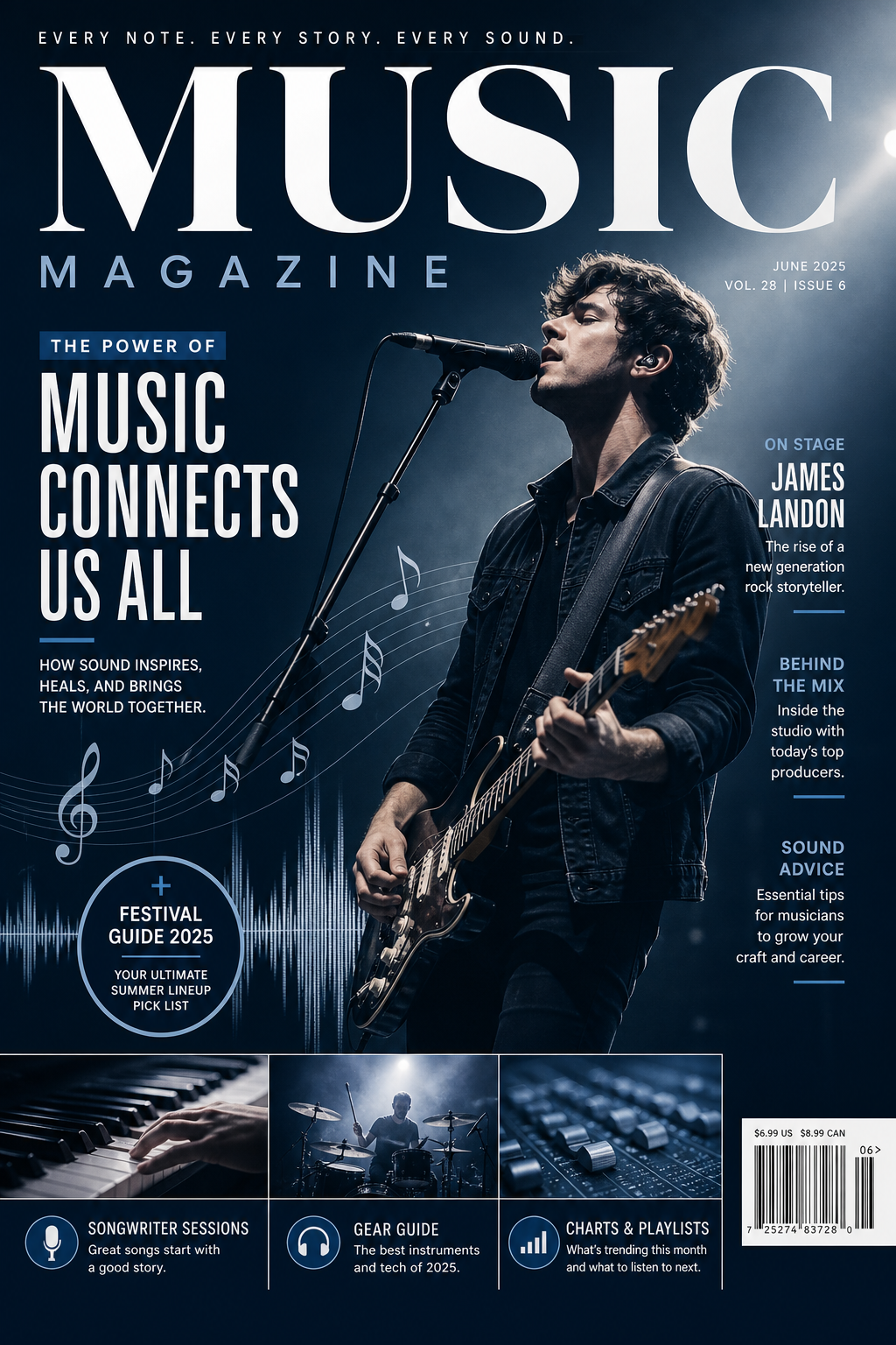 Music Magazine Cover — corporate style magazine cover, featuring musical notes, instruments, sound waves, performance imagery