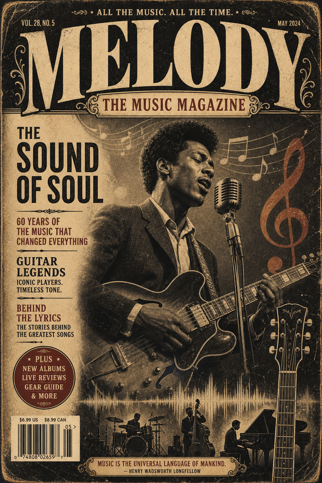 Music Magazine Cover — vintage style magazine cover, featuring musical notes, instruments, sound waves, performance imagery