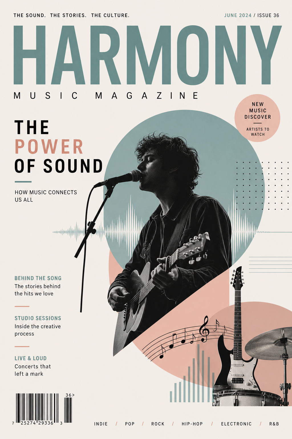 Music Magazine Cover — modern style magazine cover, featuring musical notes, instruments, sound waves, performance imagery