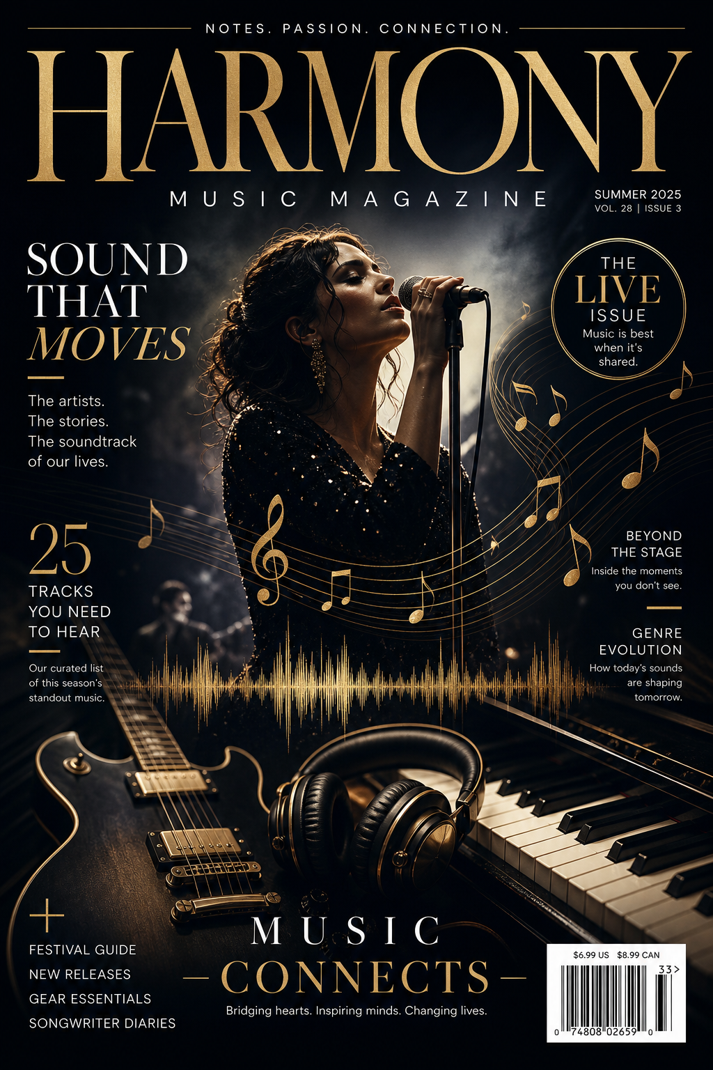 Music Magazine Cover — elegant style magazine cover, featuring musical notes, instruments, sound waves, performance imagery