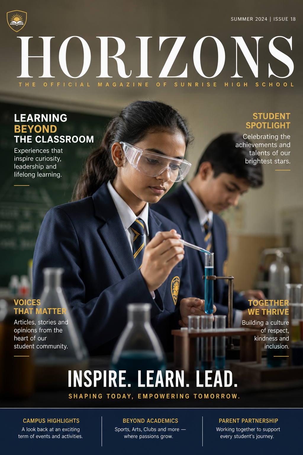 School Magazine Cover — photo-realistic style magazine cover