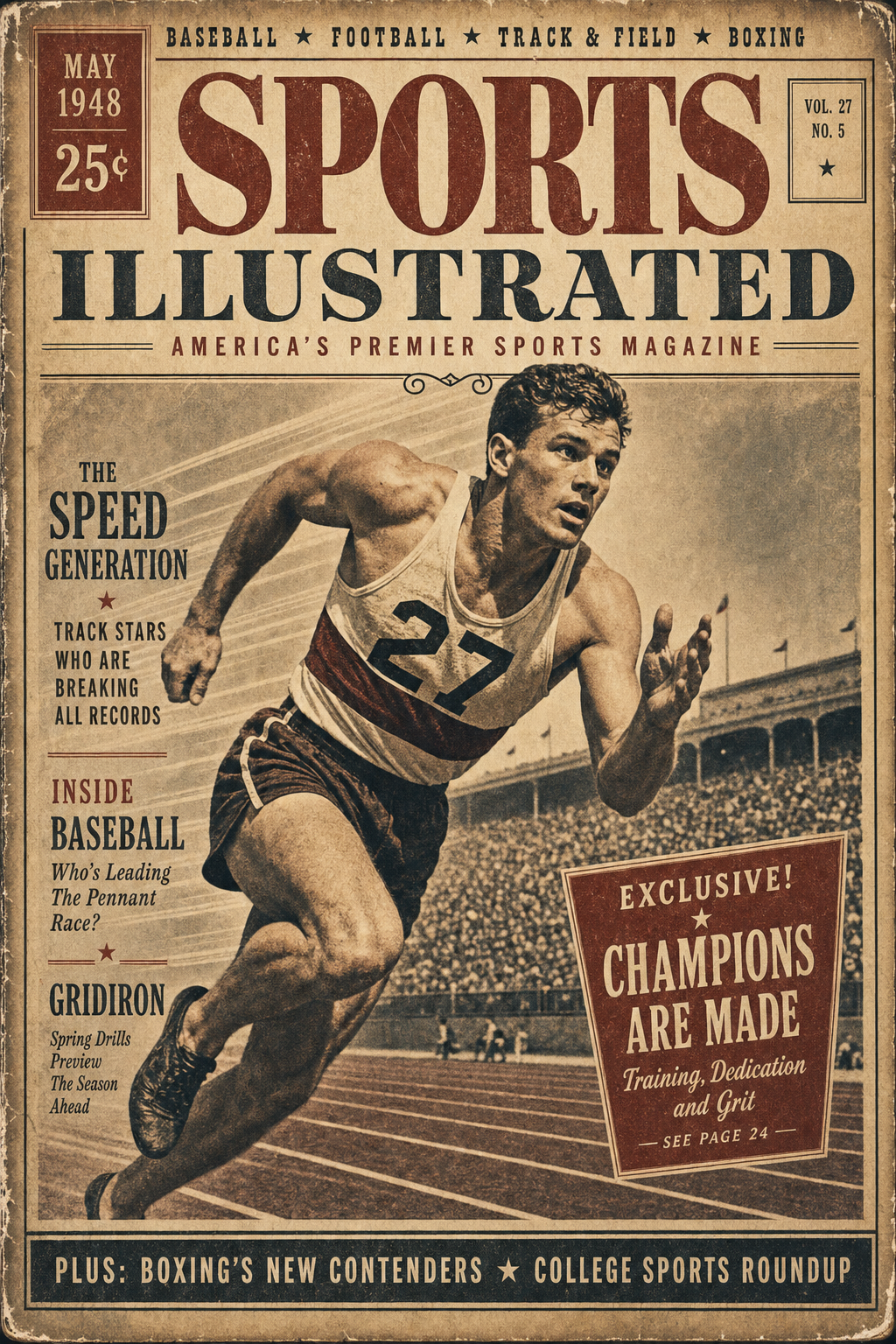 Sports Magazine Cover — vintage style magazine cover, featuring athletic action poses, stadium imagery, dynamic motion lines