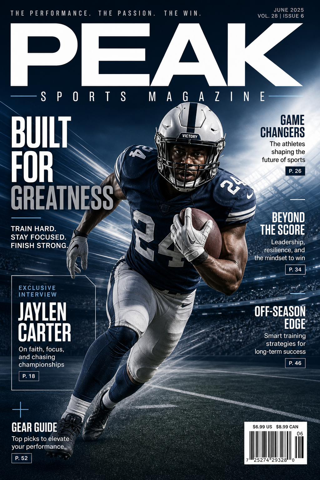 Sports Magazine Cover — corporate style magazine cover, featuring athletic action poses, stadium imagery, dynamic motion lines