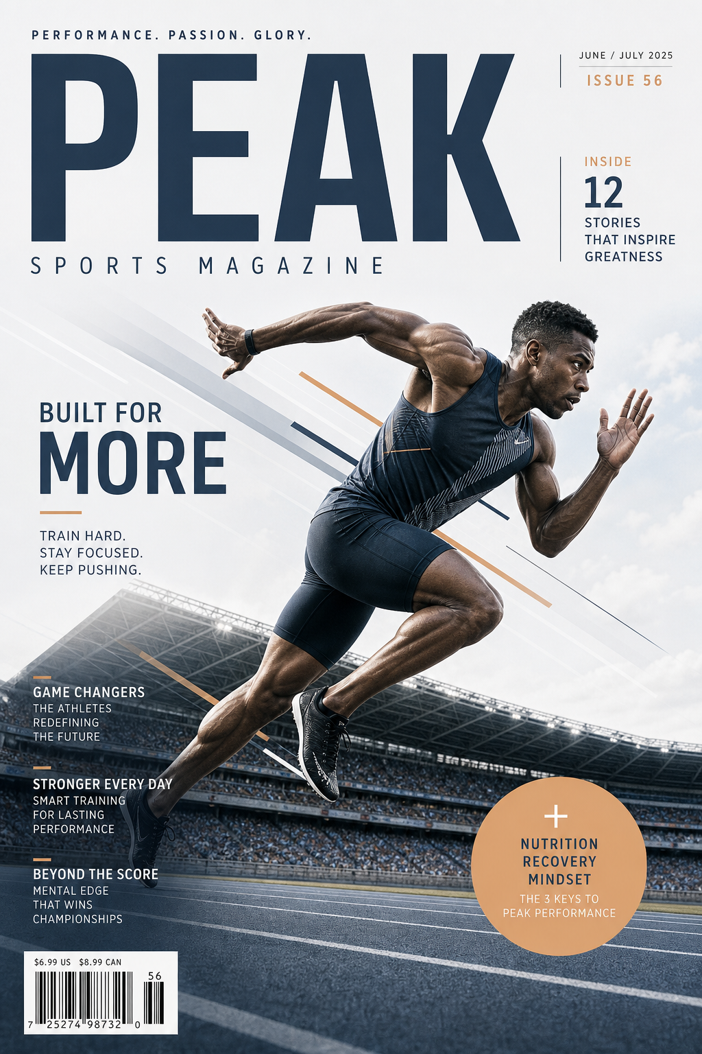 Sports Magazine Cover — modern style magazine cover, featuring athletic action poses, stadium imagery, dynamic motion lines