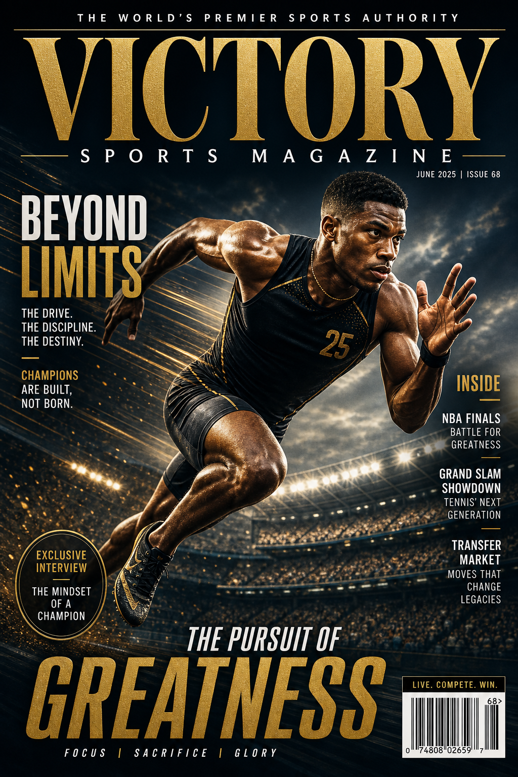 Sports Magazine Cover — elegant style magazine cover, featuring athletic action poses, stadium imagery, dynamic motion lines