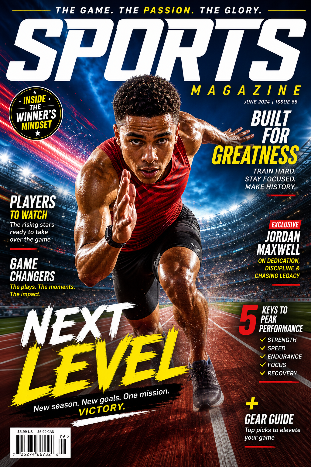 Sports Magazine Cover — vibrant style magazine cover, featuring athletic action poses, stadium imagery, dynamic motion lines
