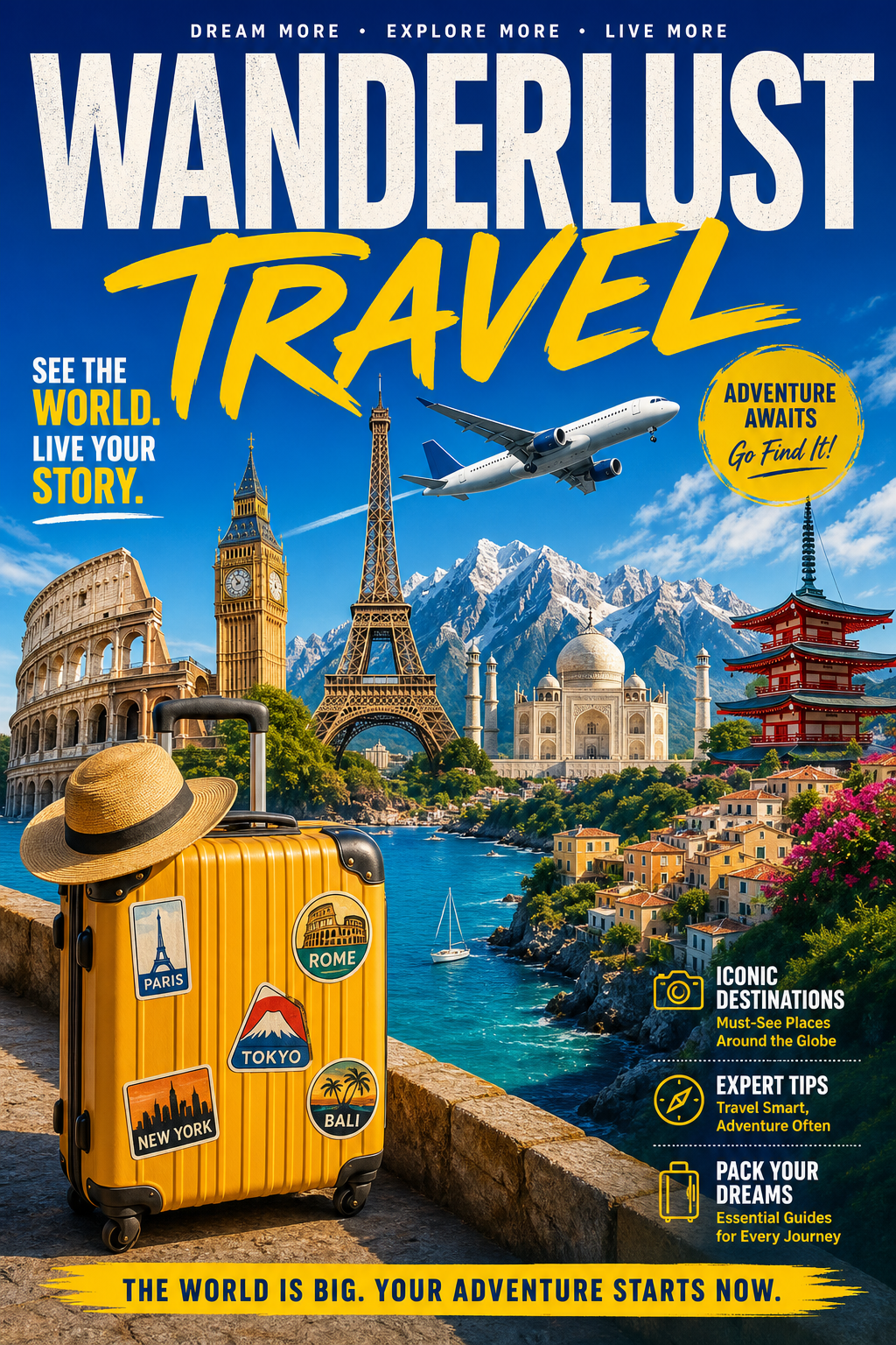 Travel Poster — vibrant style magazine cover, featuring landmarks, suitcase, plane, scenic vistas