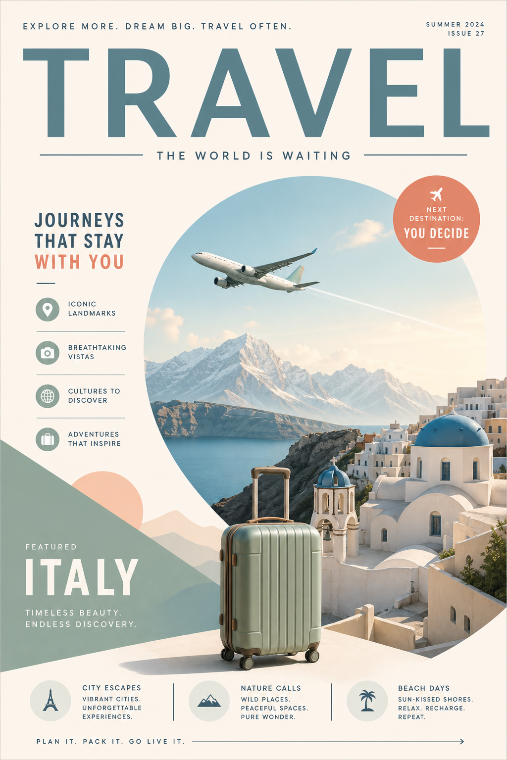 Travel Poster — modern style magazine cover, featuring landmarks, suitcase, plane, scenic vistas
