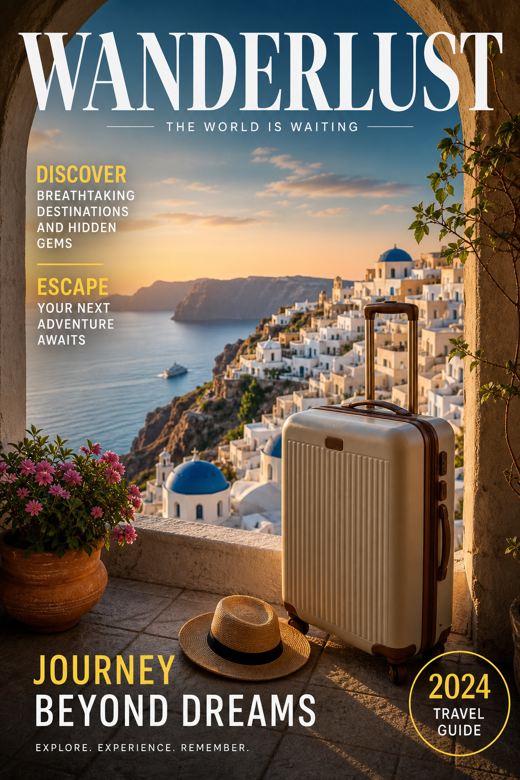Travel Poster — photo-realistic style magazine cover, featuring landmarks, suitcase, plane, scenic vistas