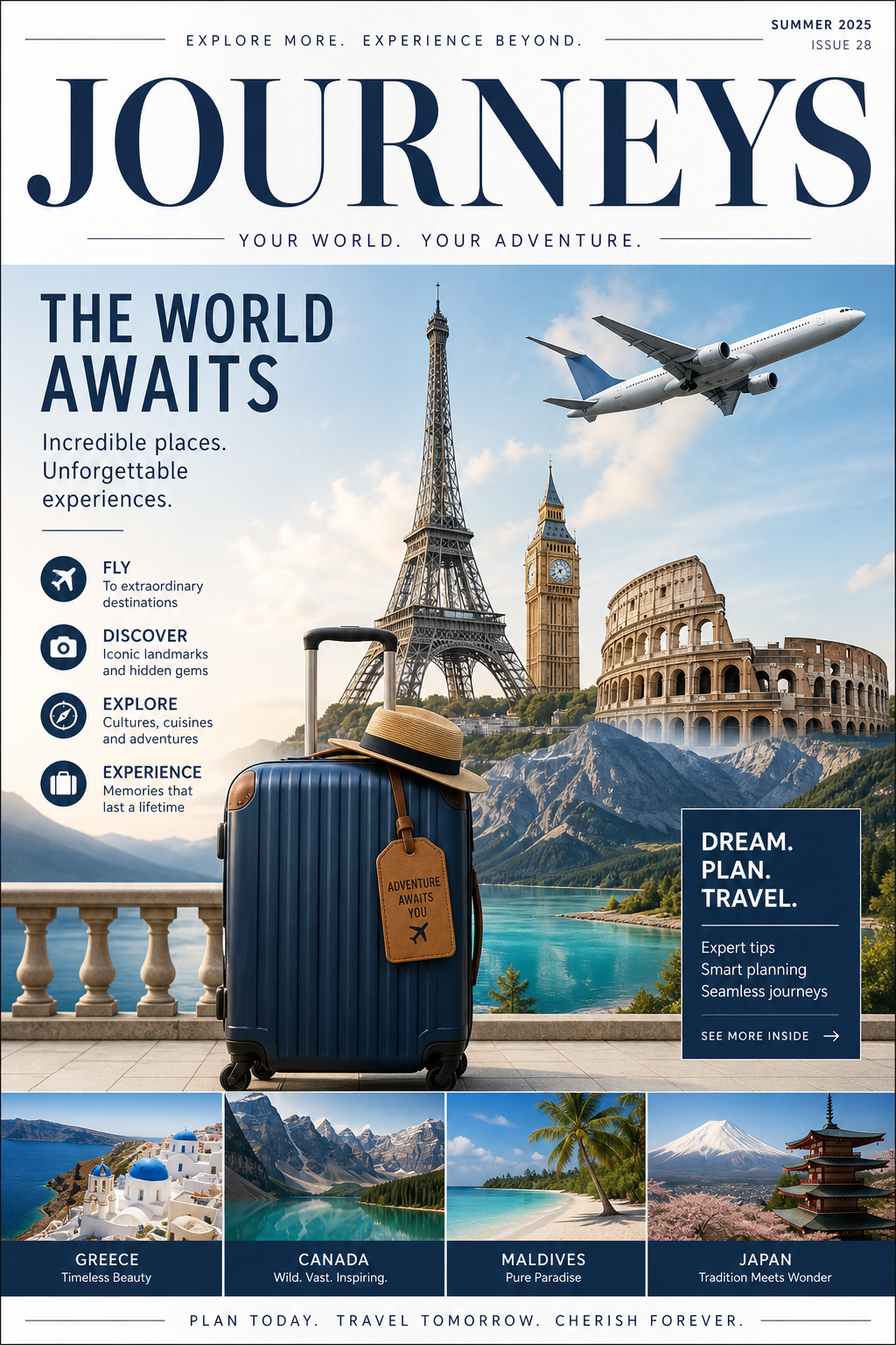 Travel Poster — corporate style magazine cover, featuring landmarks, suitcase, plane, scenic vistas