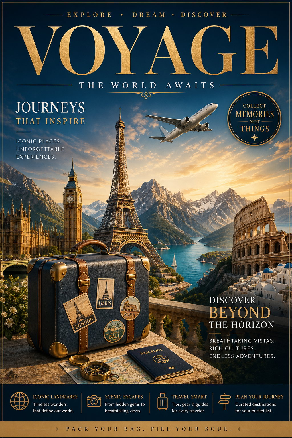 Travel Poster — elegant style magazine cover, featuring landmarks, suitcase, plane, scenic vistas