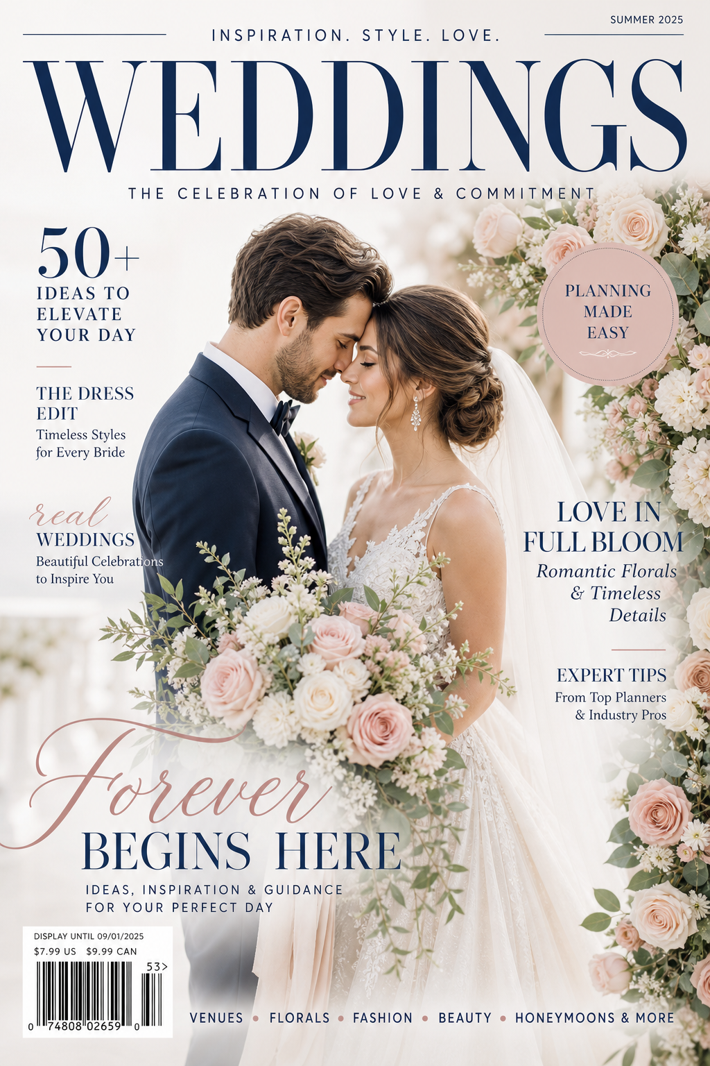 Wedding Magazine Cover — corporate style magazine cover, featuring romantic floral arrangements, soft pastels (blush, ivory, sage), elegant calligraphy