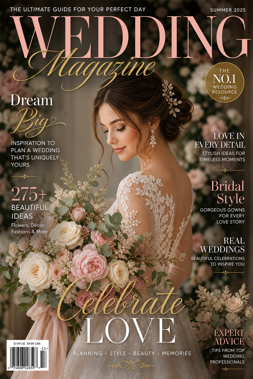 Wedding Magazine Cover — elegant style magazine cover, featuring romantic floral arrangements, soft pastels (blush, ivory, sage), elegant calligraphy