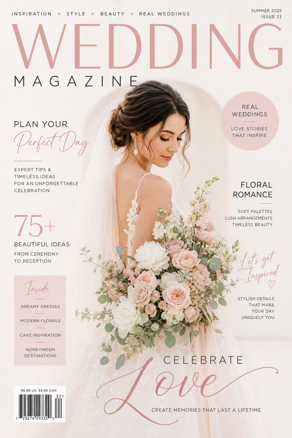 Wedding Magazine Cover — modern style magazine cover, featuring romantic floral arrangements, soft pastels (blush, ivory, sage), elegant calligraphy