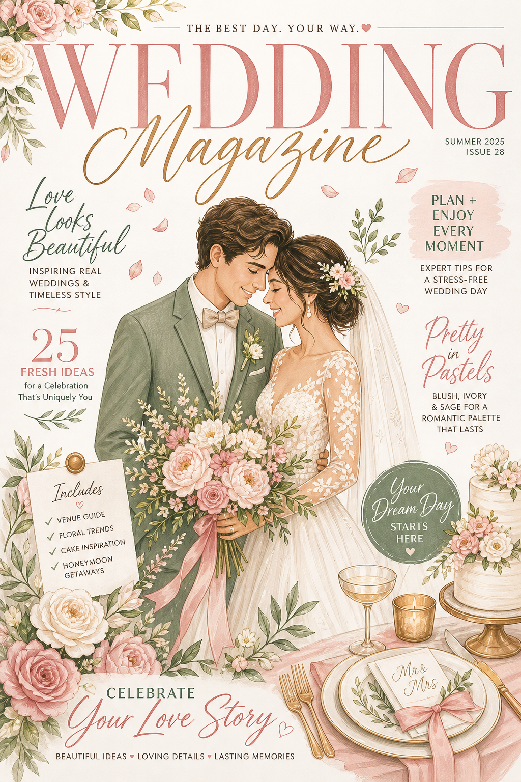 Wedding Magazine Cover — illustration style magazine cover, featuring romantic floral arrangements, soft pastels (blush, ivory, sage), elegant calligraphy