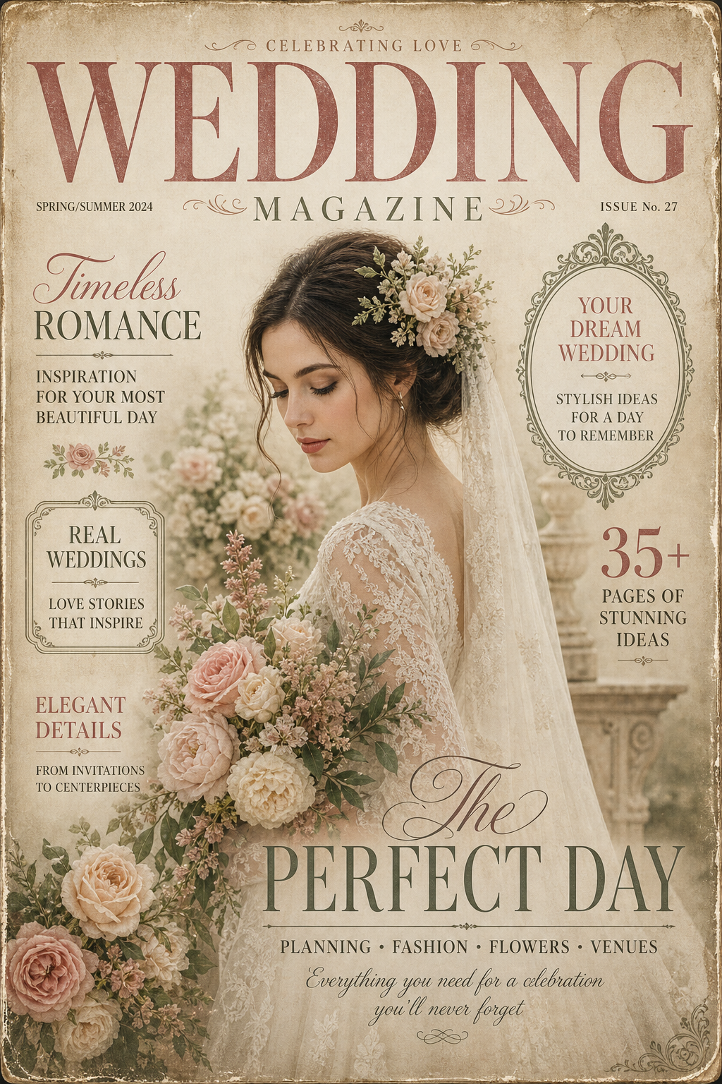 Wedding Magazine Cover — vintage style magazine cover, featuring romantic floral arrangements, soft pastels (blush, ivory, sage), elegant calligraphy