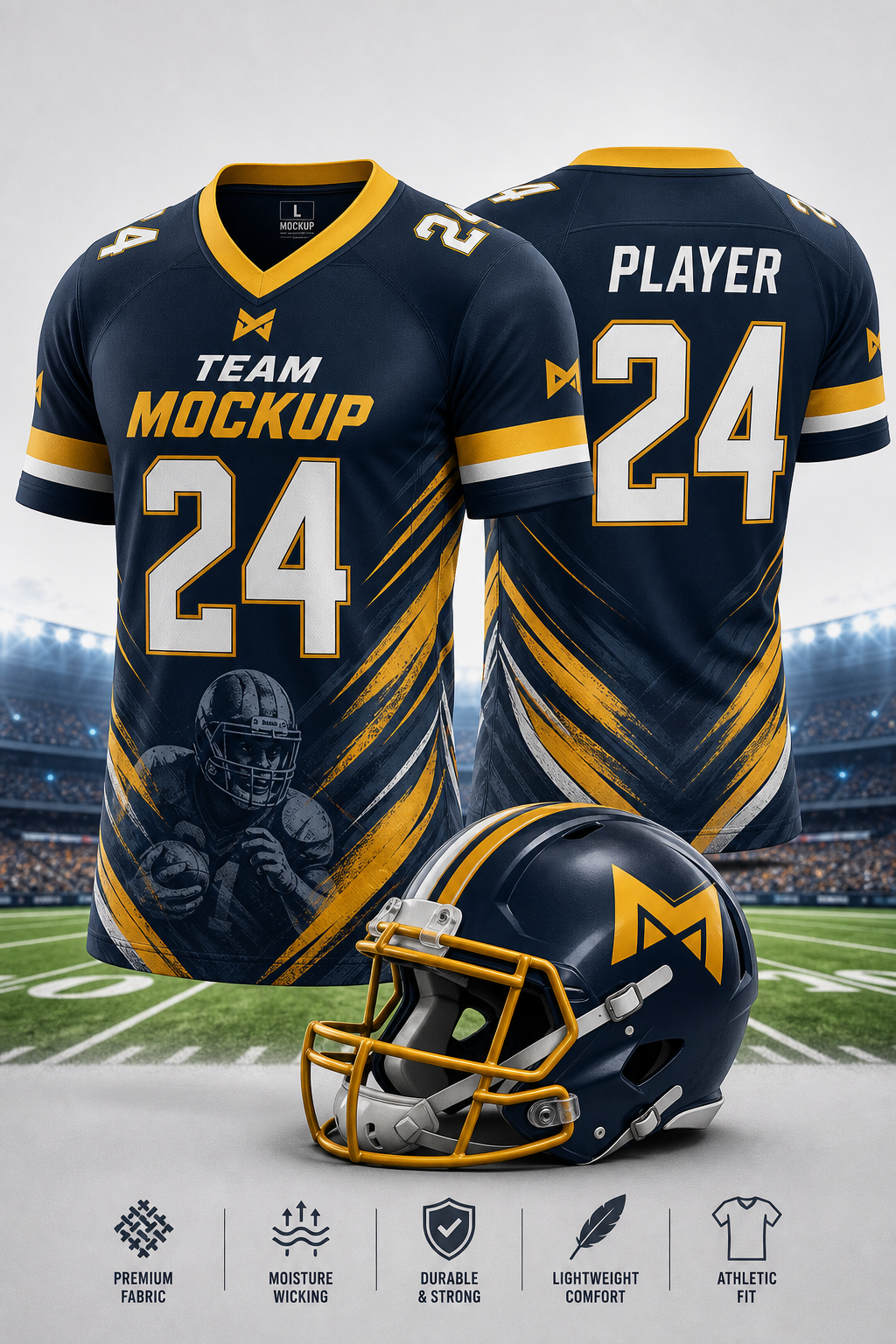 Football Jersey Mockup — vibrant style product mockup, featuring football, helmet, stadium, green field, team colors