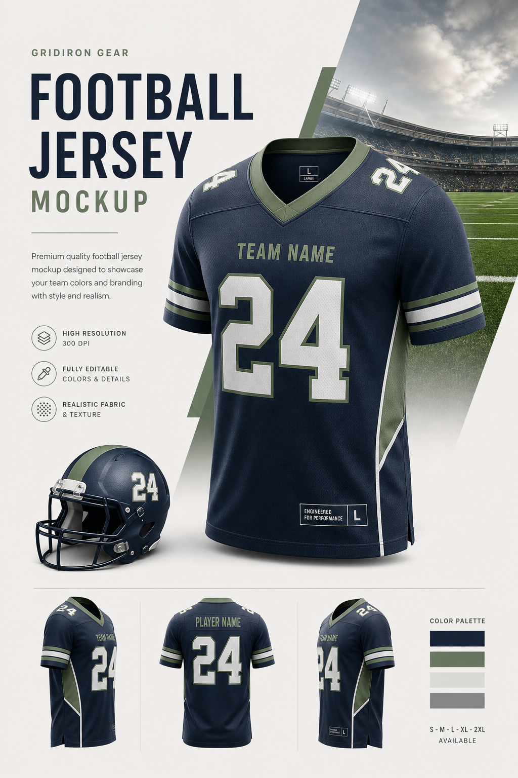 Football Jersey Mockup — modern style product mockup, featuring football, helmet, stadium, green field, team colors
