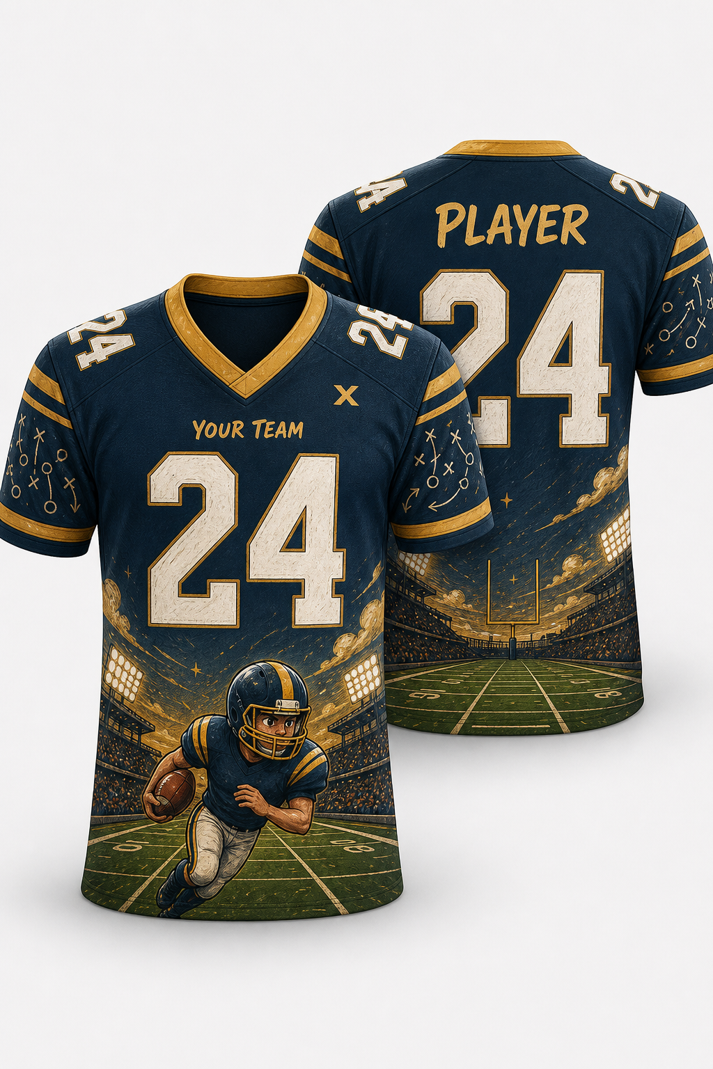 Football Jersey Mockup — illustration style product mockup, featuring football, helmet, stadium, green field, team colors
