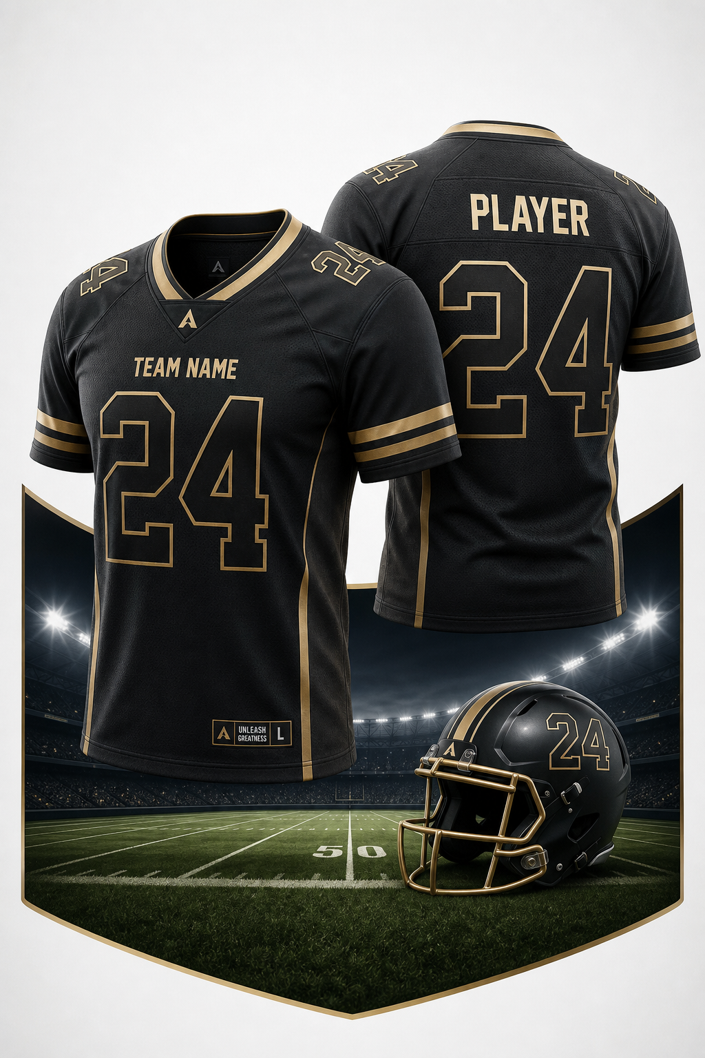 Football Jersey Mockup — elegant style product mockup, featuring football, helmet, stadium, green field, team colors