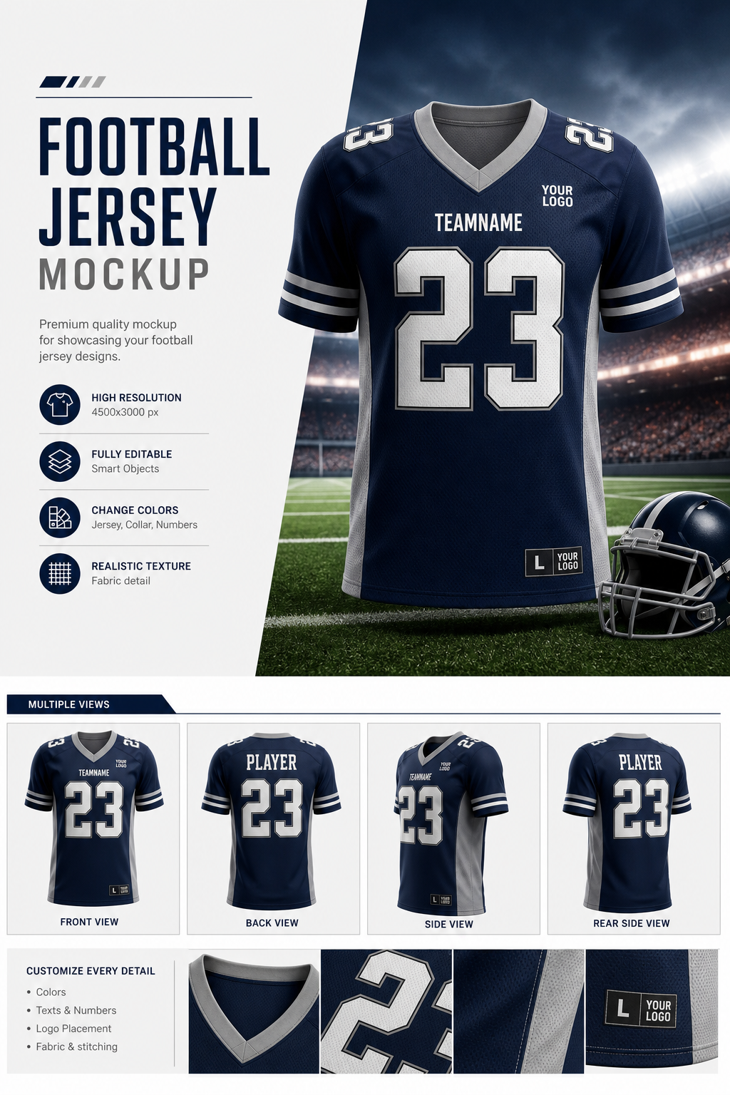 Football Jersey Mockup — corporate style product mockup, featuring football, helmet, stadium, green field, team colors